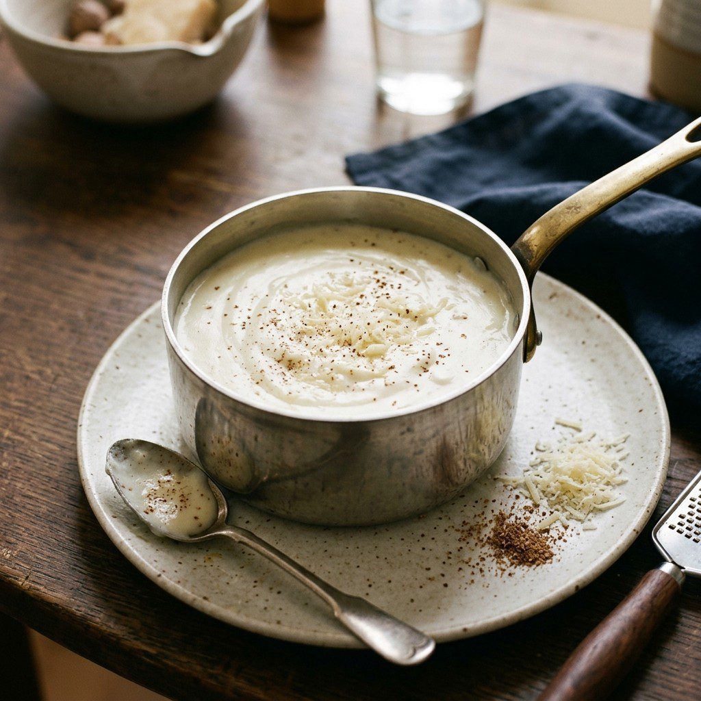 Stunning plated serving of White Sauce for Mac and Cheese, a chef-tested recipe by Chef Jorj Morgan.