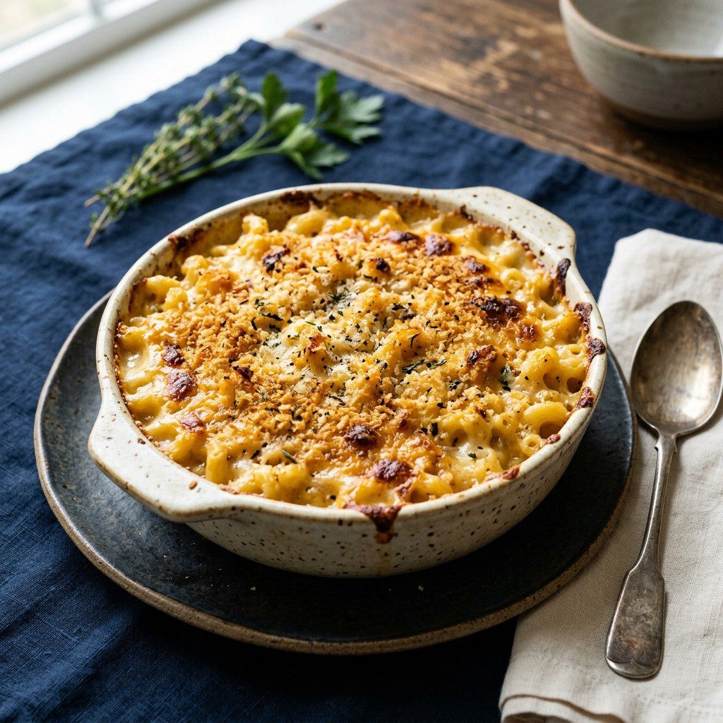 Stunning plated serving of Baked Mac and Cheese, a chef-tested recipe by Chef Jorj Morgan.