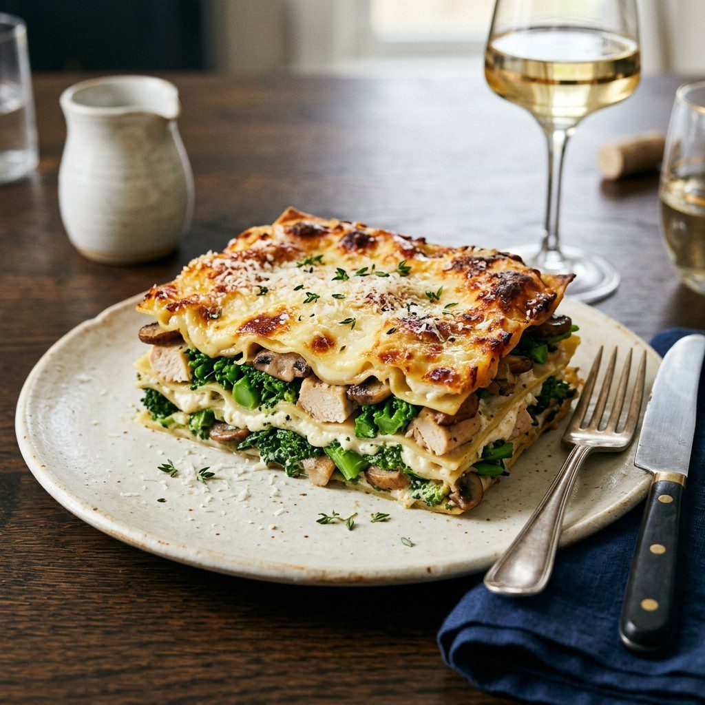 Stunning plated serving of Chicken Lasagna with Broccoli Rabe with Sautéed Mushrooms, a chef-tested recipe by Chef Jorj Morgan.