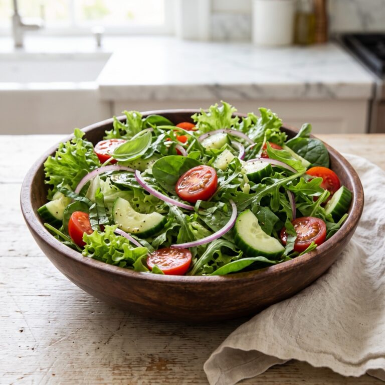 Jorj Morgan’s My Way Green Salad of green leaf lettuce, baby spinach, arugula, baby tomatoes, cucumber, and red onion in a wooden salad bowl
