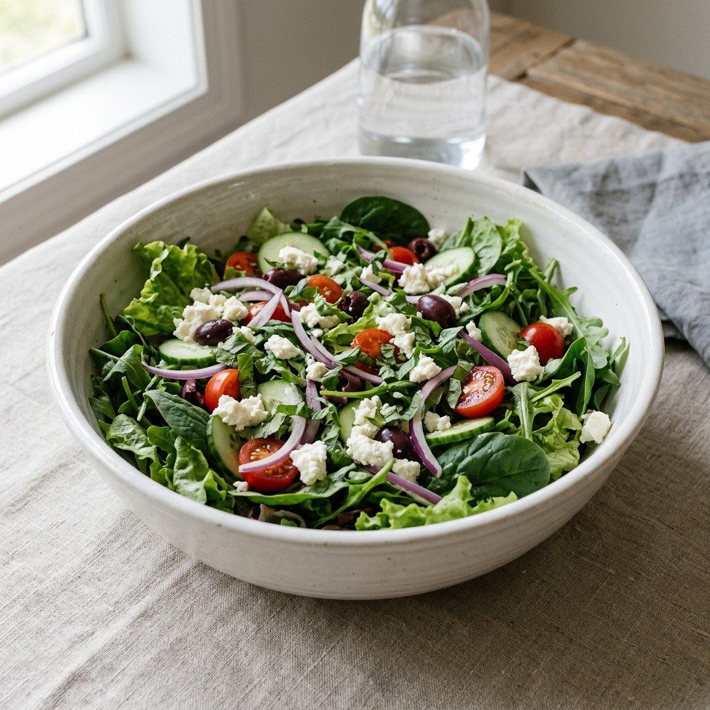 Stunning plated serving of My Way” Green Salad with Olives and Feta Cheese, a chef-tested recipe by Chef Jorj Morgan.