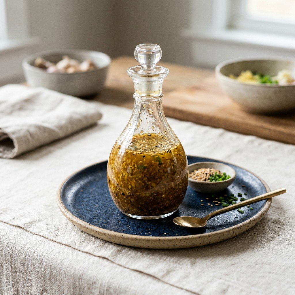 Stunning plated serving of Asian Sesame Dressing, a chef-tested recipe by Chef Jorj Morgan.