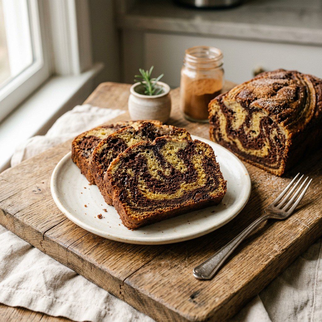 Stunning plated serving of Chocolate Swirl Sour Cream Banana Bread, a chef-tested recipe by Chef Jorj Morgan.