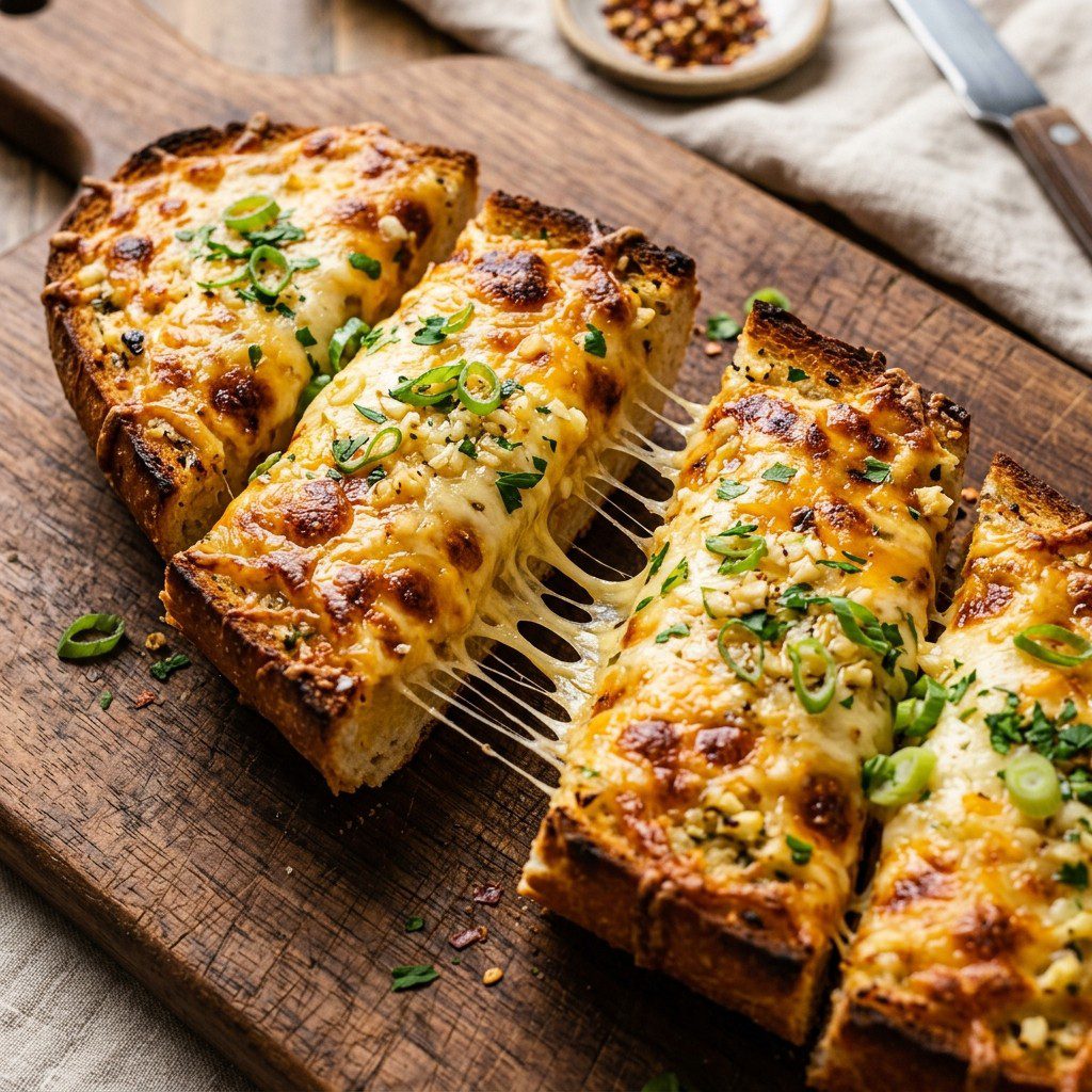 Stunning plated serving of Triple-Cheese Garlic Bread, a chef-tested recipe by Chef Jorj Morgan.