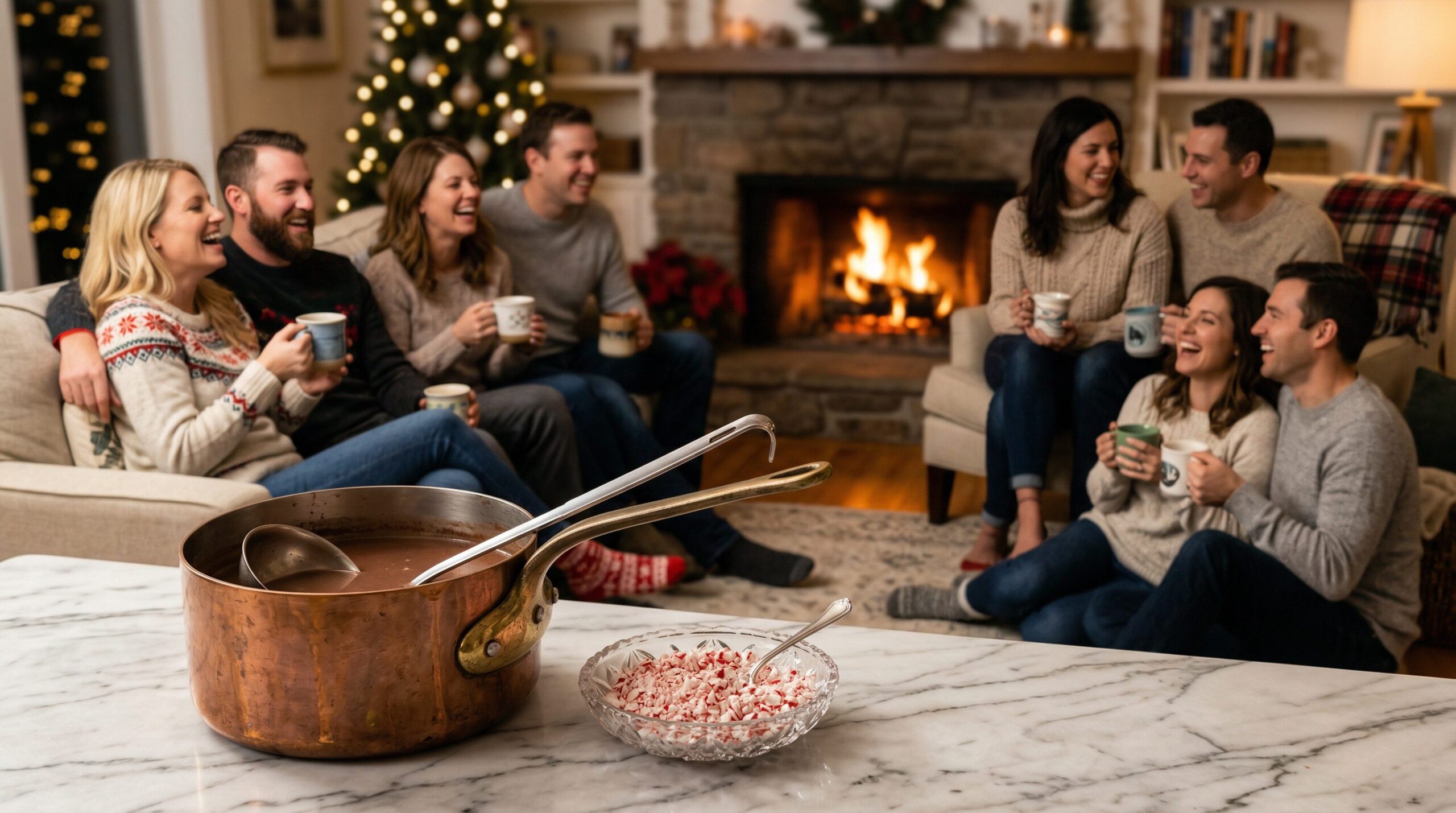 A finished mug of Signature Hot Cocoa with a marshmallow crown and crushed peppermint by a warm fireside