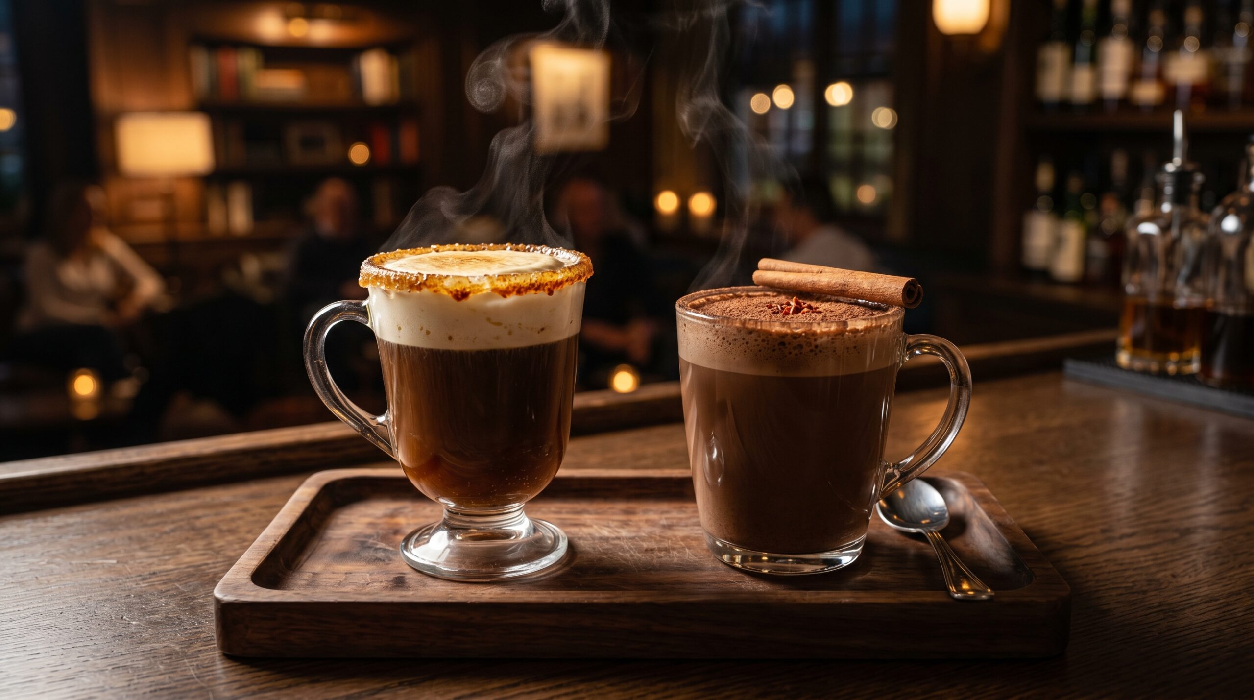 Stunning plated serving of Irish Coffee & Mexican Hot Chocolate, a chef-tested recipe by Chef Jorj Morgan.