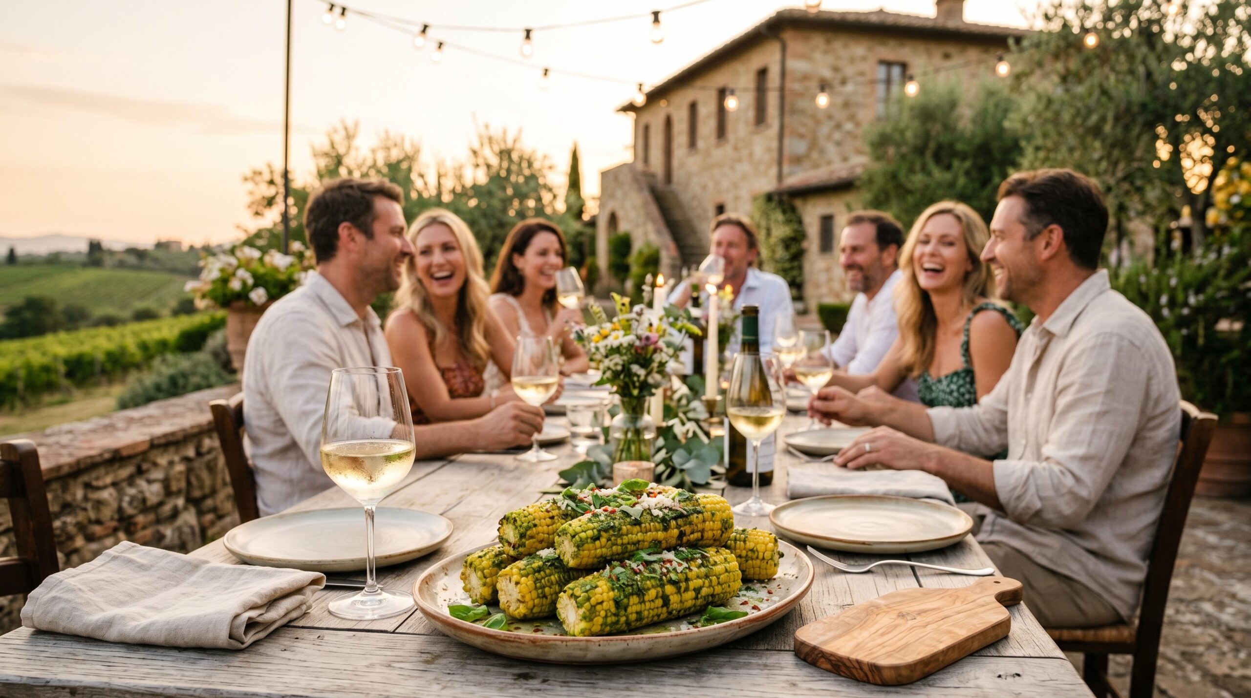 A platter of pesto-coated sweet corn at an alfresco summer dinner on an estate table