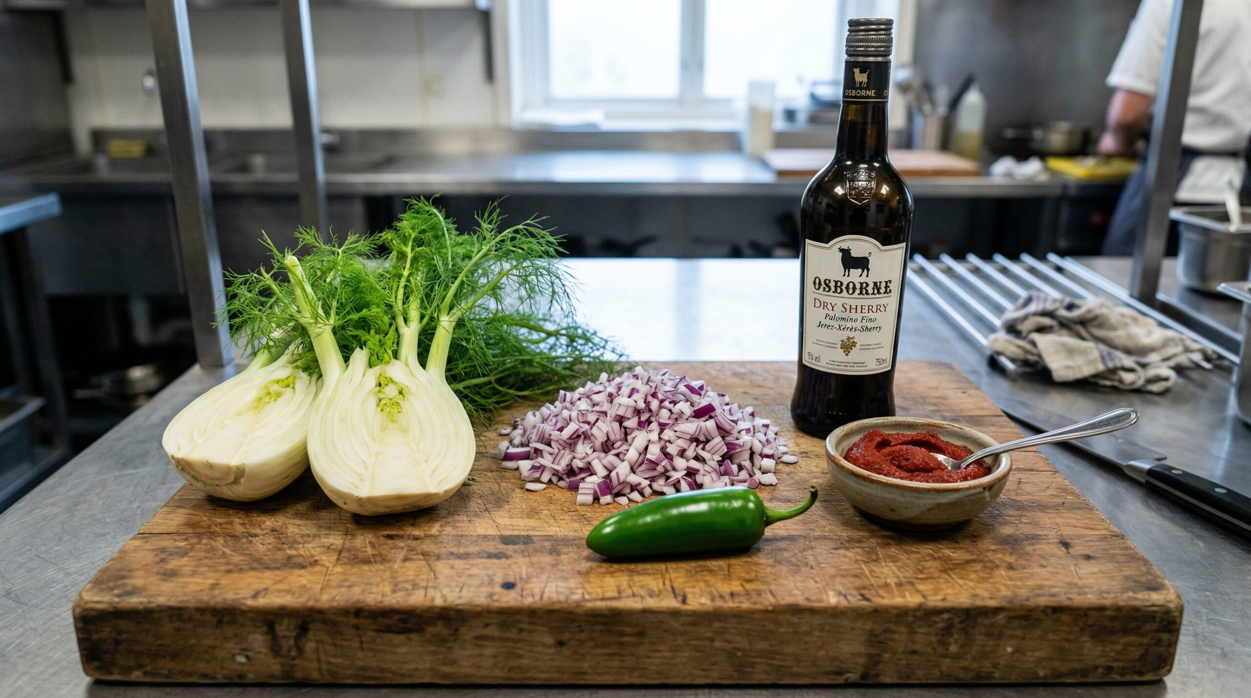 Tomatoes, fennel bulb, jalapeno, red onion, and sherry arranged for a tomato bisque