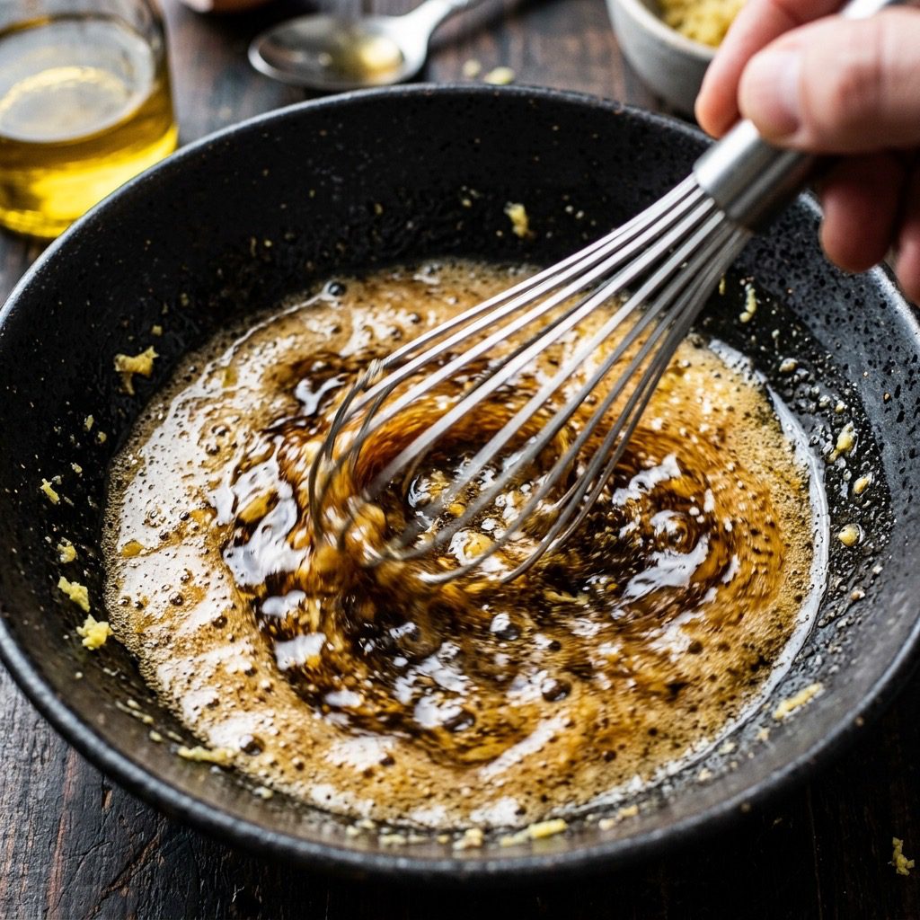 Extreme close-up action shot whisking toasted sesame oil and vegetable oil into rice wine vinegar, honey, and fresh ginger