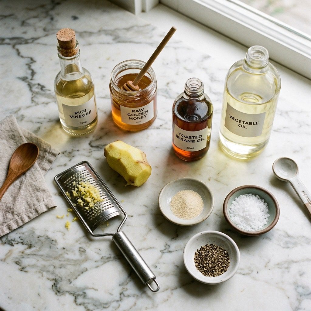 Overhead prep shot of rice wine vinegar, honey, fresh ginger, sesame oil, vegetable oil, garlic powder, salt, and pepper