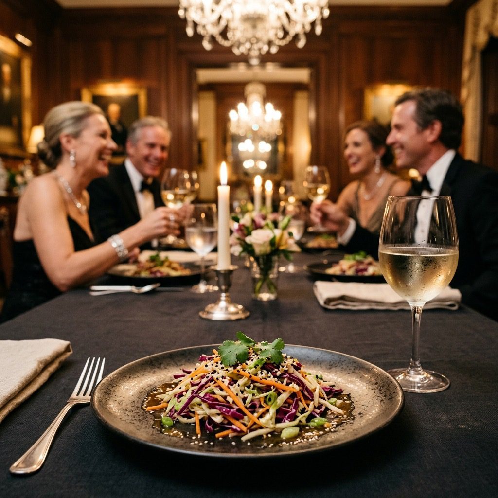 An elegant, formal dinner table setting featuring a crisp cabbage slaw dressed with Asian Sesame Dressing, with a dinner party in the background