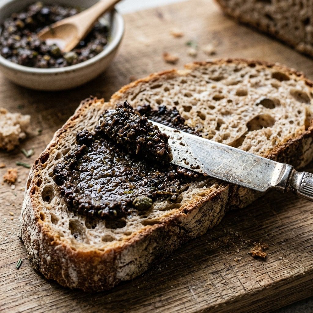 Extreme close-up action shot spreading dark, rich olive tapenade onto a slice of rustic sourdough bread