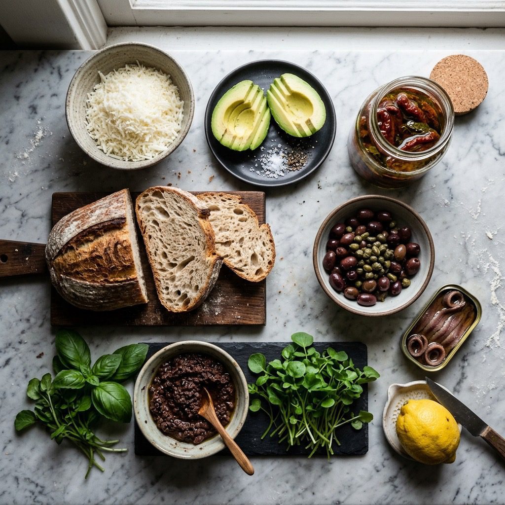 Overhead prep shot of sourdough bread, gruyere cheese, avocados, sun-dried tomatoes, watercress, and tapenade ingredients on marble