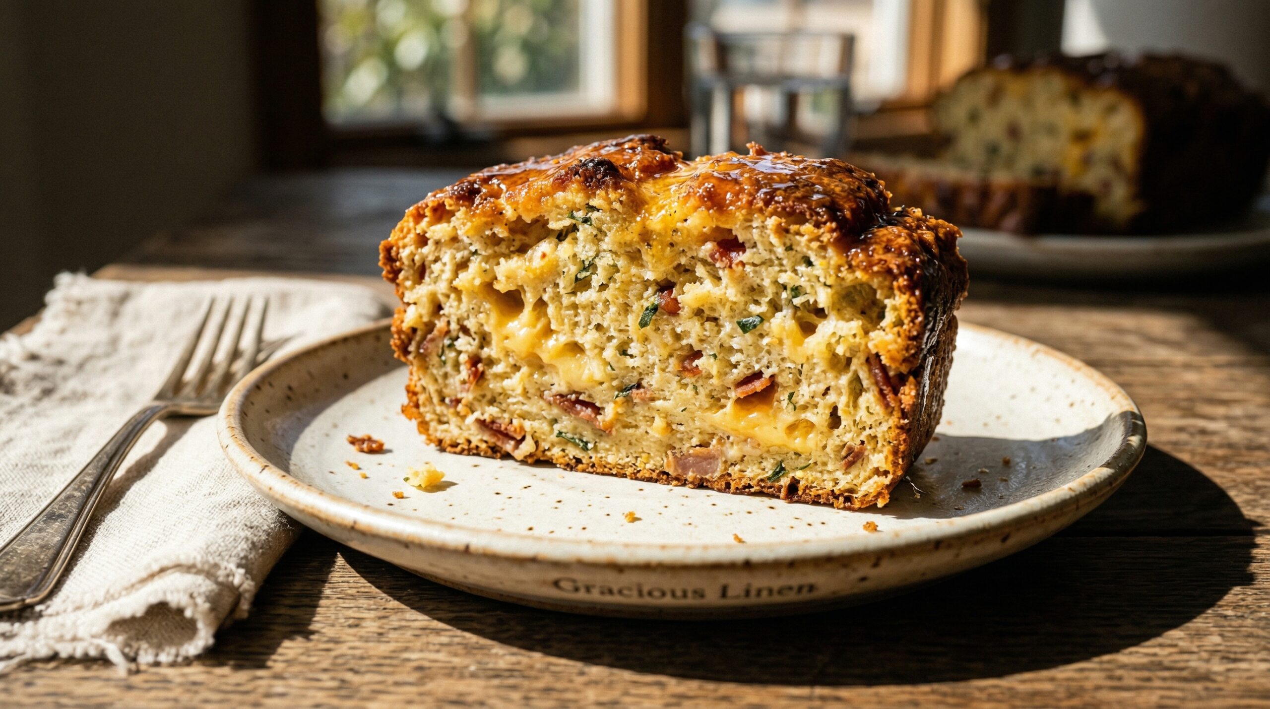 Stunning plated serving of Bacon, Cheddar & Sage Quick Bread, a chef-tested recipe by Chef Jorj Morgan.