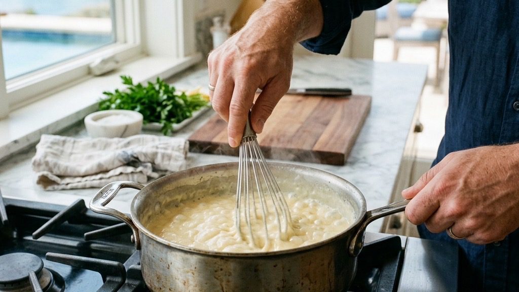 Whisking grated sharp cheddar into a smooth bechamel sauce in a saucepan until glossy