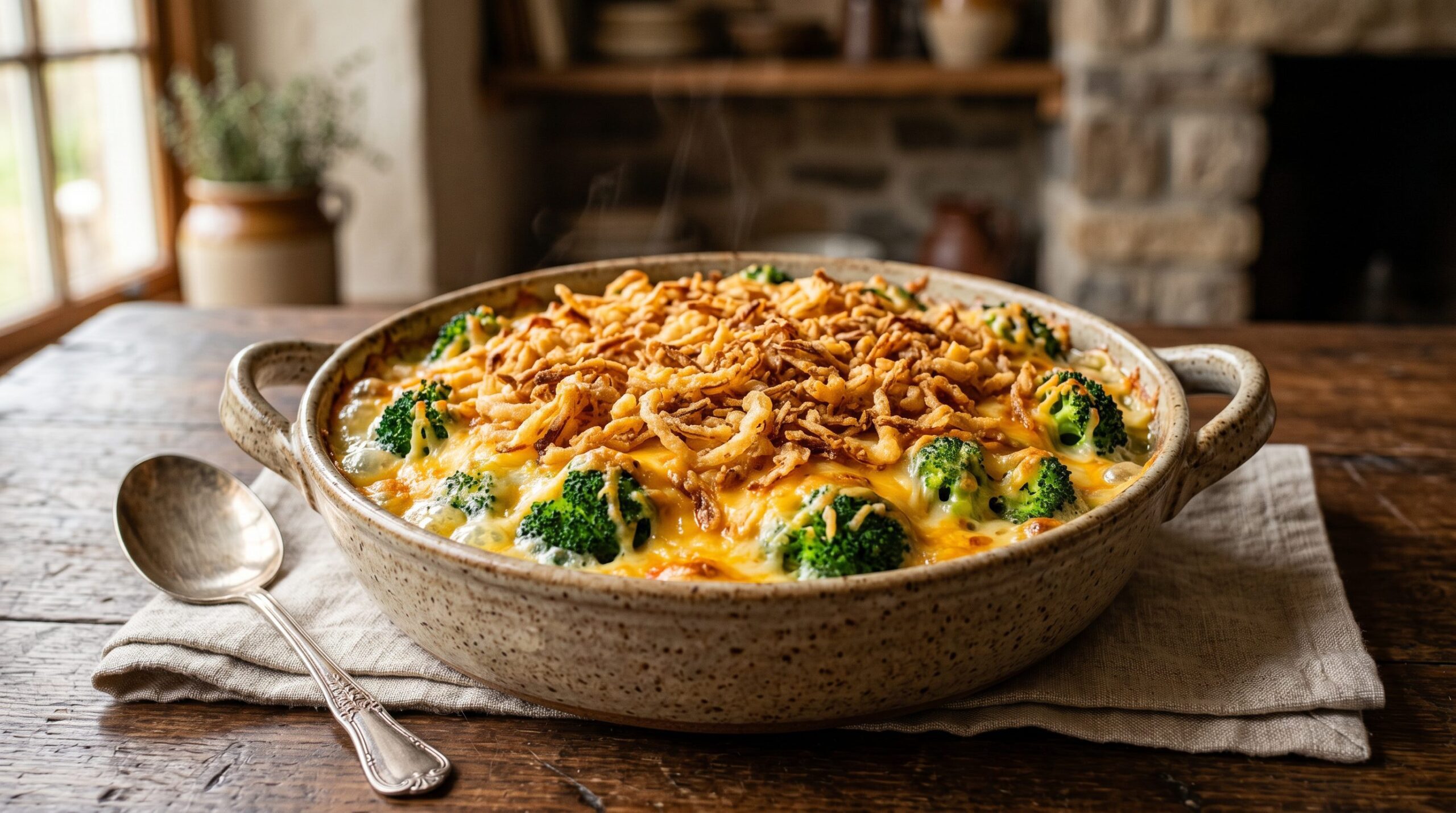 Stunning plated serving of Baked Broccoli Cheese Casserole, a chef-tested recipe by Chef Jorj Morgan.