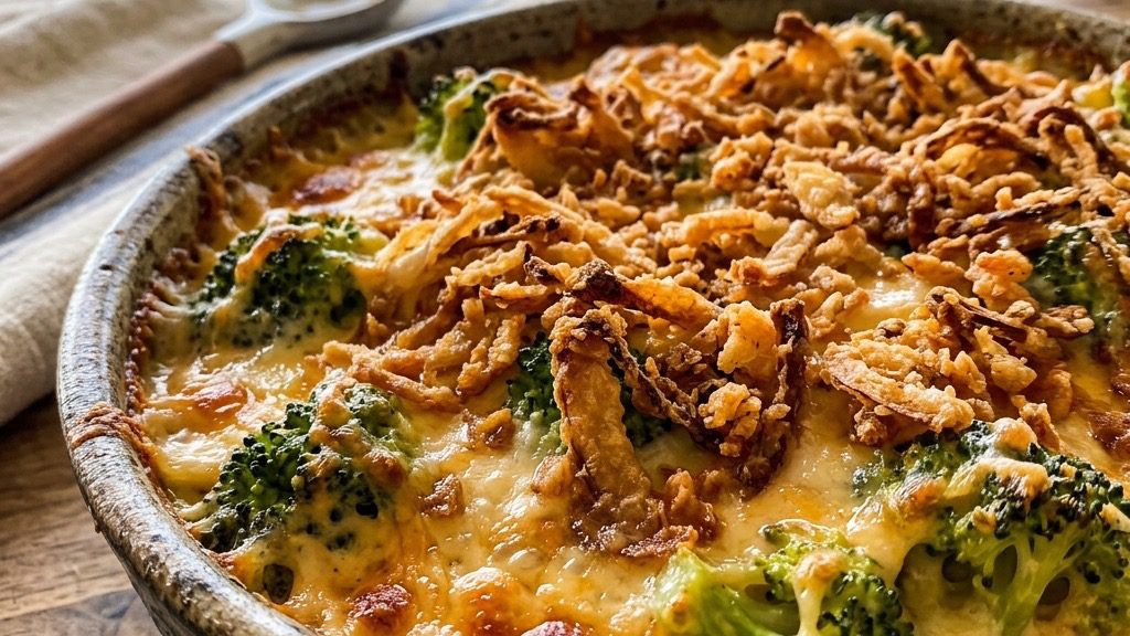 Stunning plated serving of Baked Broccoli Cheese Casserole, a chef-tested recipe by Chef Jorj Morgan.
