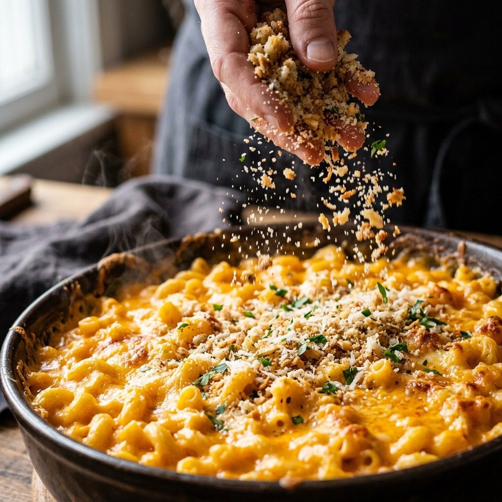 Extreme close-up action shot scattering a thick layer of butter-soaked breadcrumbs over a large casserole dish of macaroni and cheese