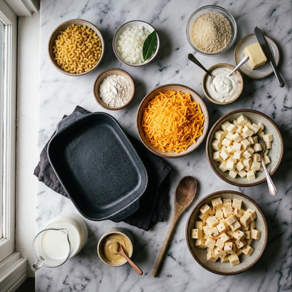 Overhead prep shot of macaroni, butter, flour, mustard, milk, bowls of grated and cubed cheeses, sour cream, and breadcrumbs