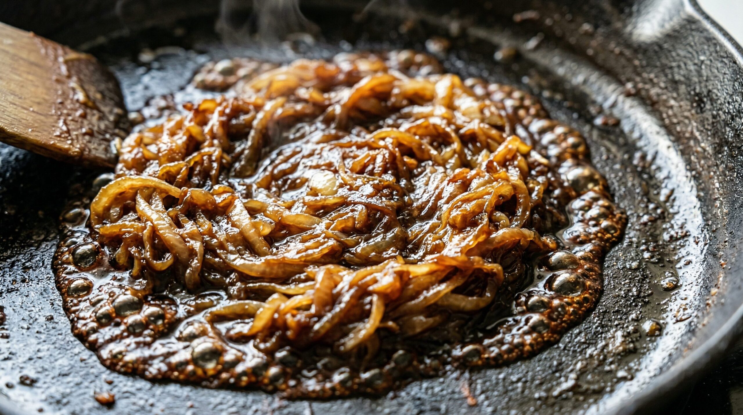 Yellow onions cooking down into a dark, sticky balsamic-glazed tangle in a skillet