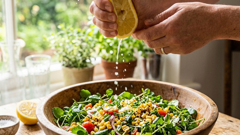 Balsamic-macerated tomatoes and a whisked vinaigrette beside a layered composed salad