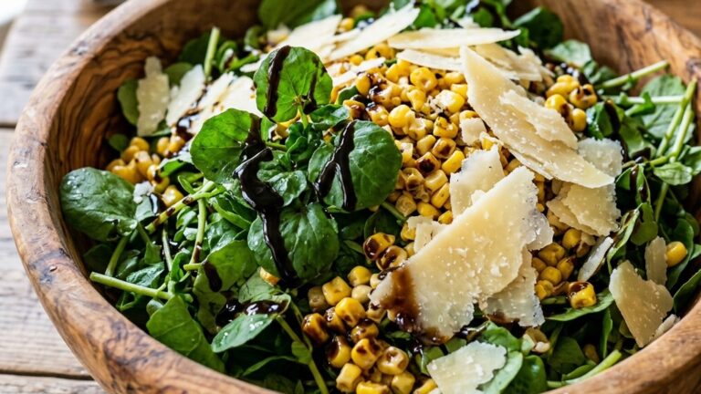 Stunning plated serving of Balsamic Corn & Watercress Salad, a chef-tested recipe by Chef Jorj Morgan.