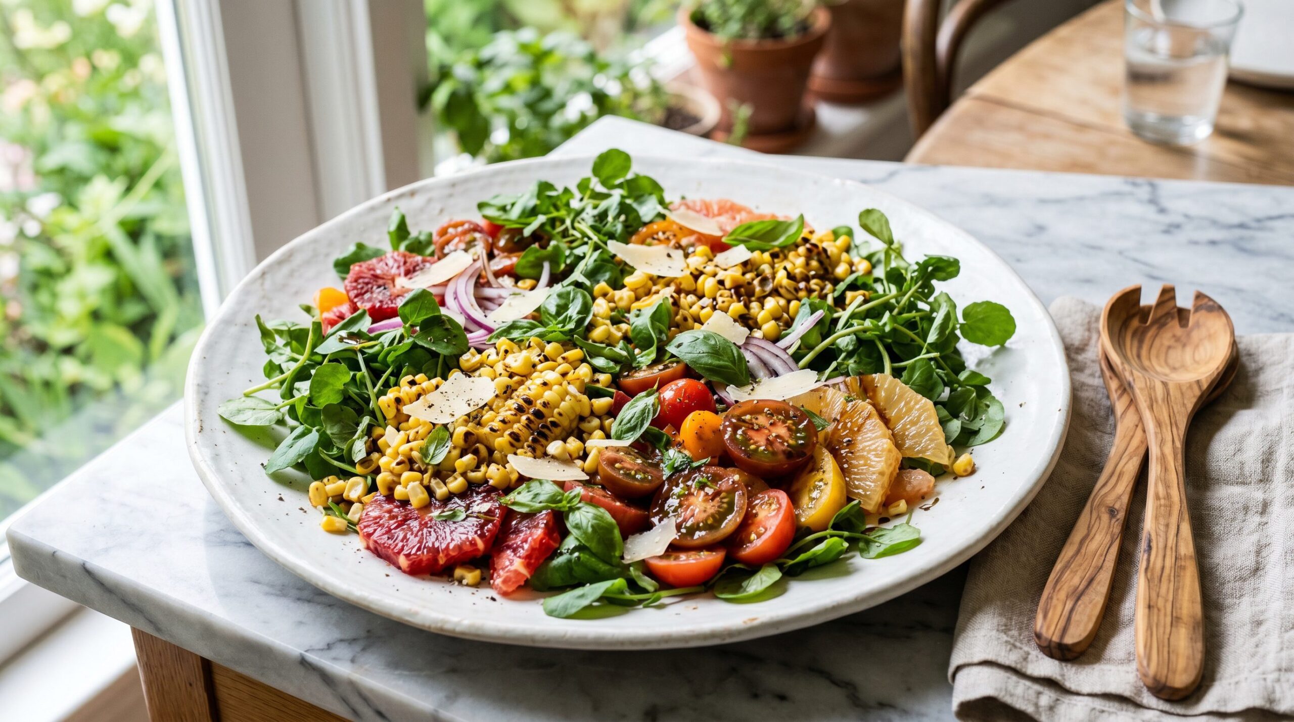 Stunning plated serving of Balsamic Corn & Watercress Salad, a chef-tested recipe by Chef Jorj Morgan.