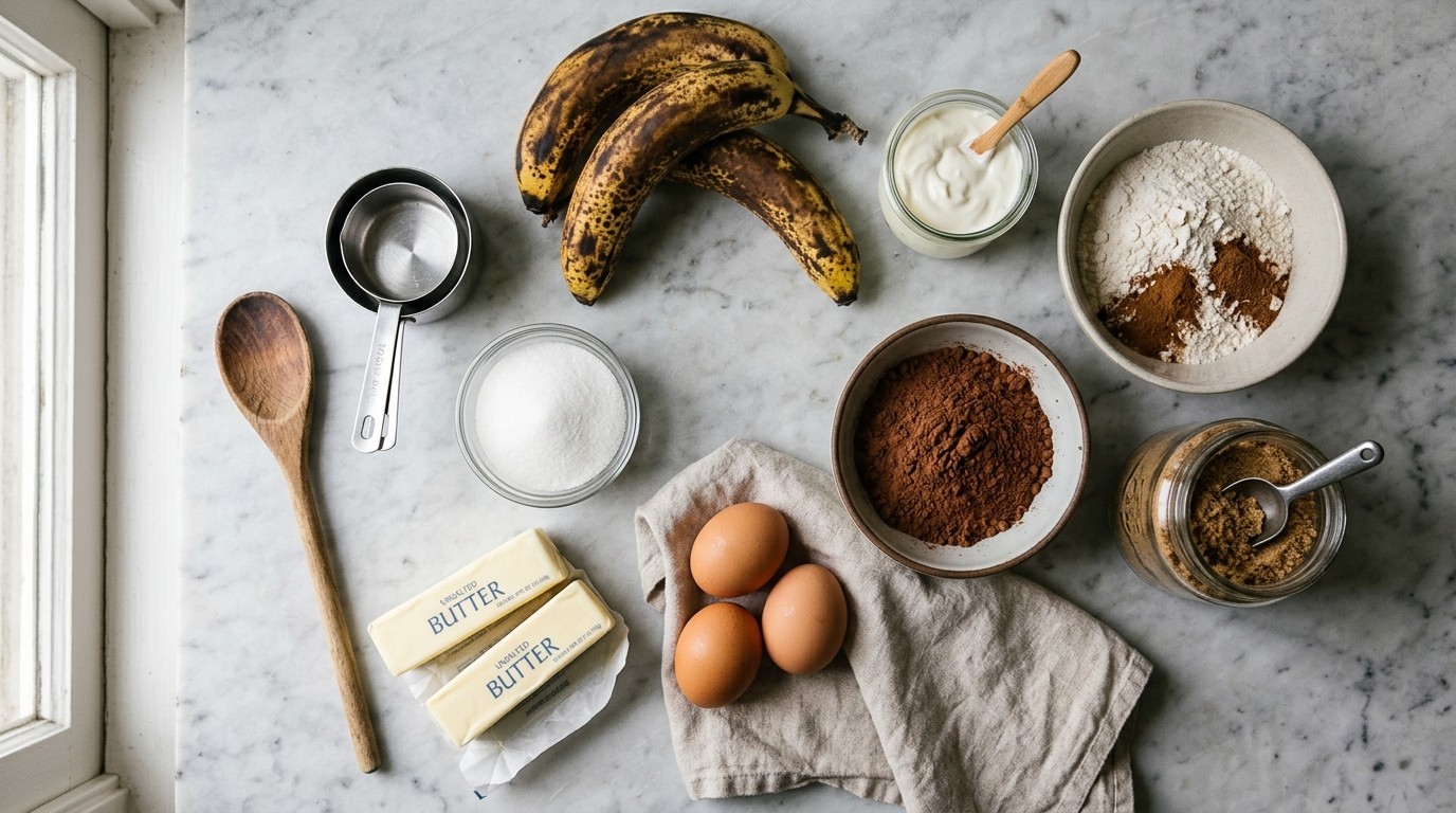 Three ripe, speckled bananas, sour cream, butter, and cocoa arranged for Chocolate Swirl Sour Cream Banana Bread