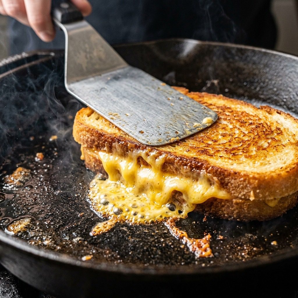 Extreme close-up action shot pressing down on a sizzling grilled cheese sandwich in a cast-iron skillet