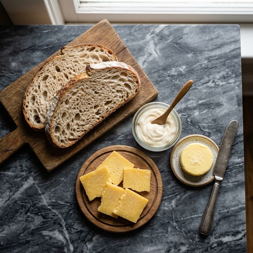 Overhead prep shot of thick sourdough bread, cheddar cheese slices, mayonnaise, and butter on marble