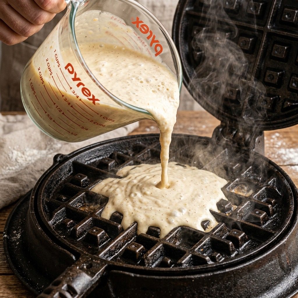 Extreme close-up action shot of thick waffle batter being poured onto a steaming cast-iron waffle maker