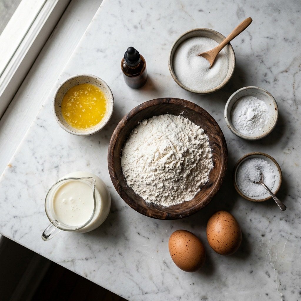 Overhead prep shot of flour, sugar, baking powder, salt, buttermilk, butter, vanilla extract, and eggs on marble