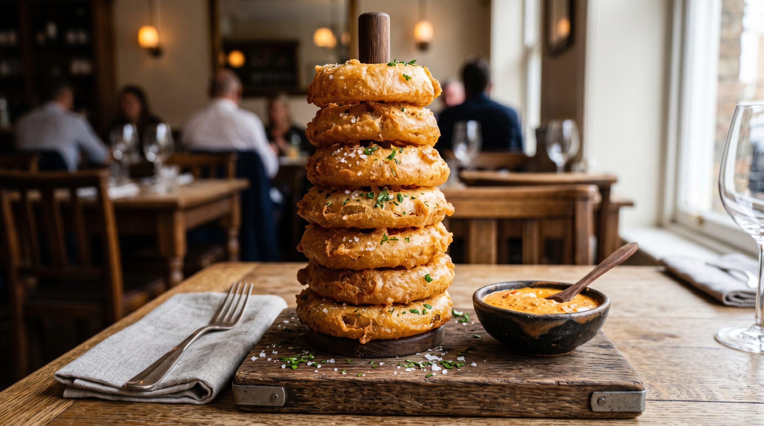 Stunning plated serving of Beer Battered Fried Onion Rings, a chef-tested recipe by Chef Jorj Morgan.