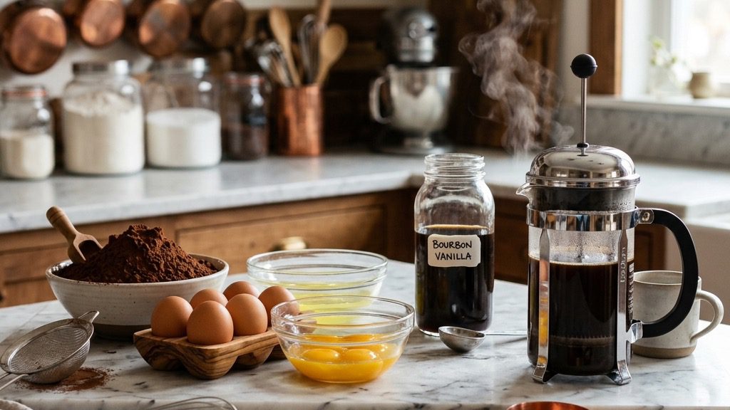 Ingredients for Black Walnut Chocolate Cake arranged for preparation