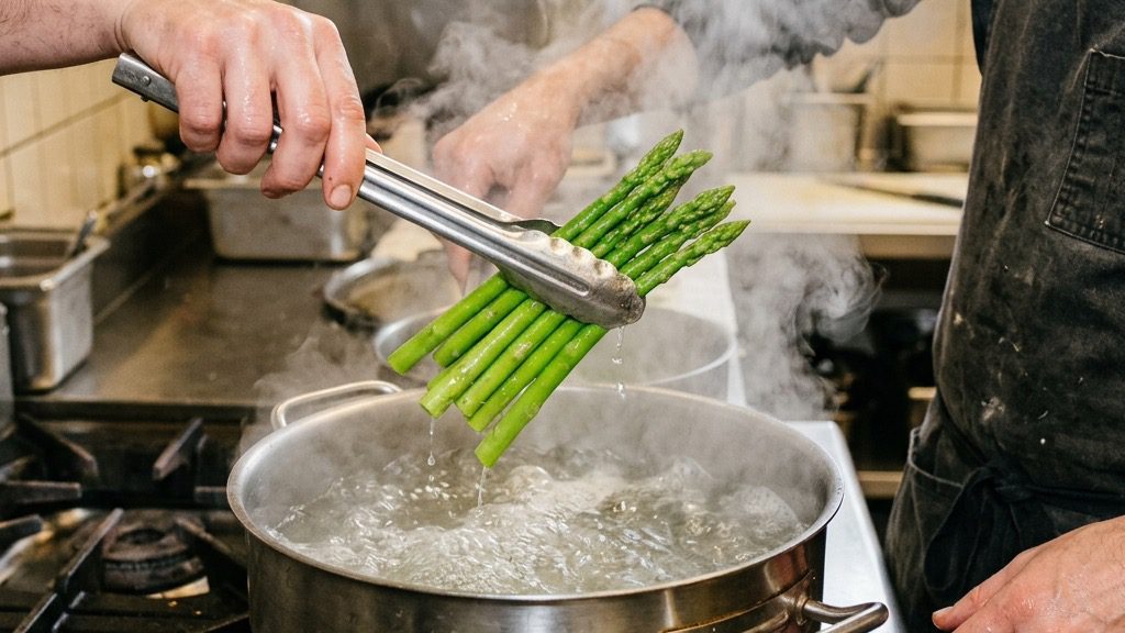 Blanched asparagus being shocked in an ice bath to set its bright green color
