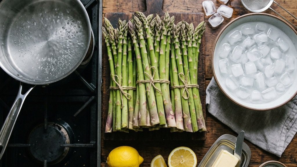 Fresh asparagus spears beside lemon-caper butter, prosciutto and Parmesan, and toasted almonds