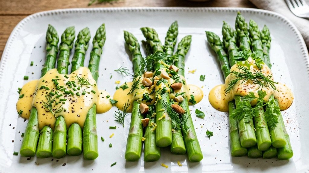 Stunning plated serving of Blanched Asparagus Three Ways, a chef-tested recipe by Chef Jorj Morgan.