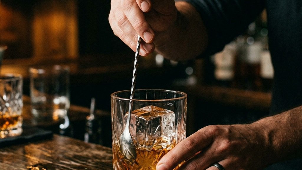 A long bar spoon gently stirring amber bourbon over a single large clear ice cube in a rocks glass