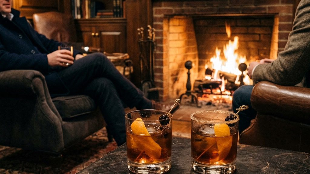 A finished Blood Orange & Sage Old Fashioned with a bourbon cherry and dried orange pinwheel by a warm fireside