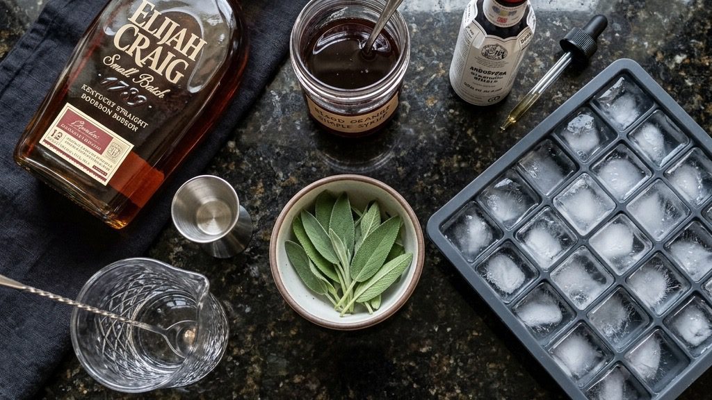 Old Fashioned ingredients on marble: premium bourbon, blood orange and sage simple syrup, fresh sage, and Angostura bitters