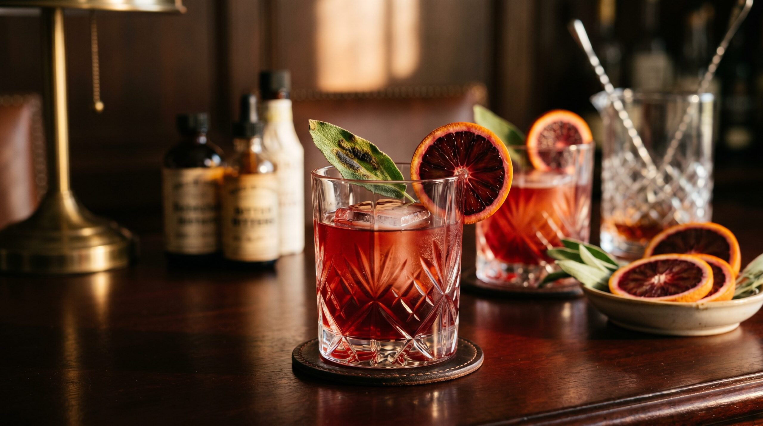 Stunning plated serving of Blood Orange & Sage Old Fashioned, a chef-tested recipe by Chef Jorj Morgan.