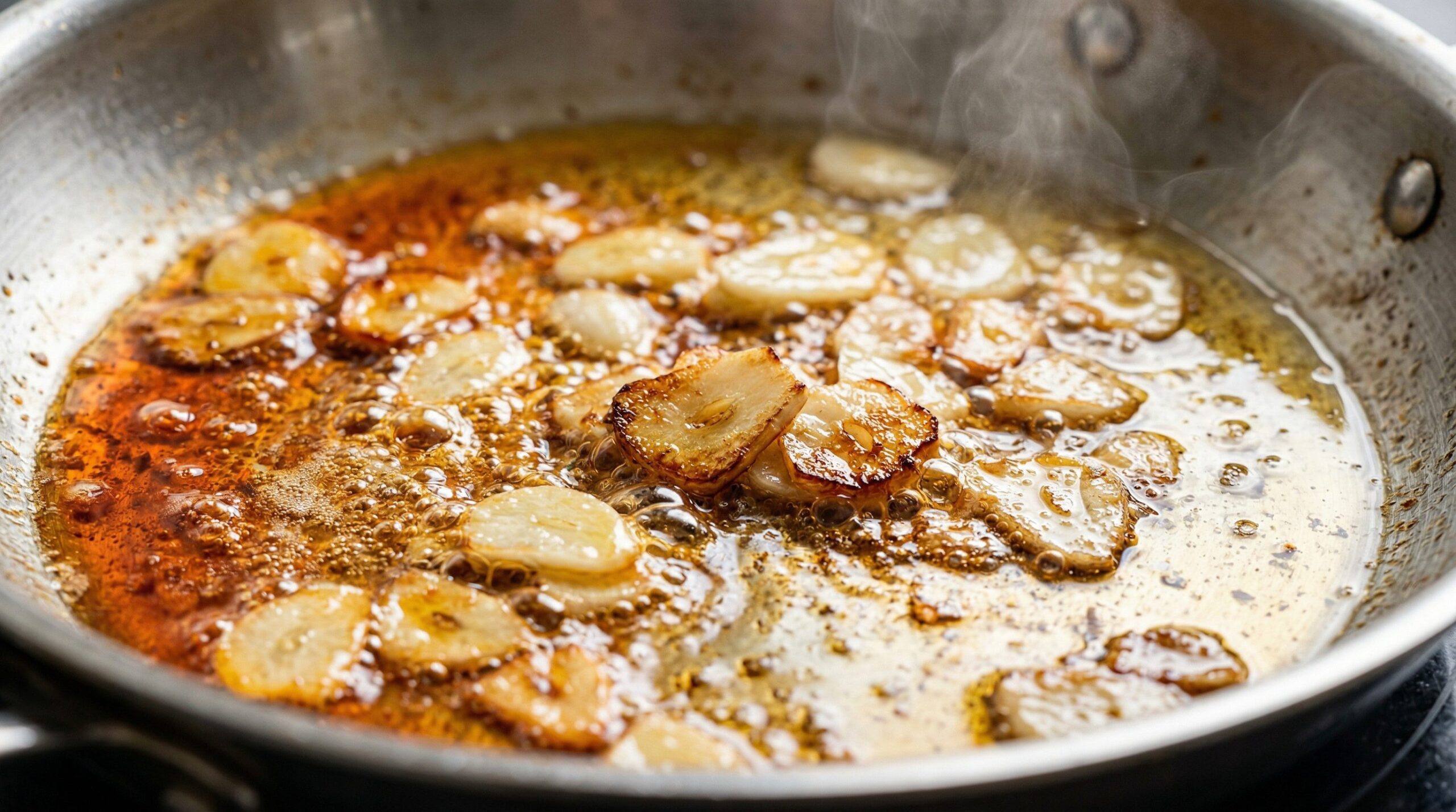 Sliced garlic coins blooming to golden in sun-dried tomato oil in a skillet