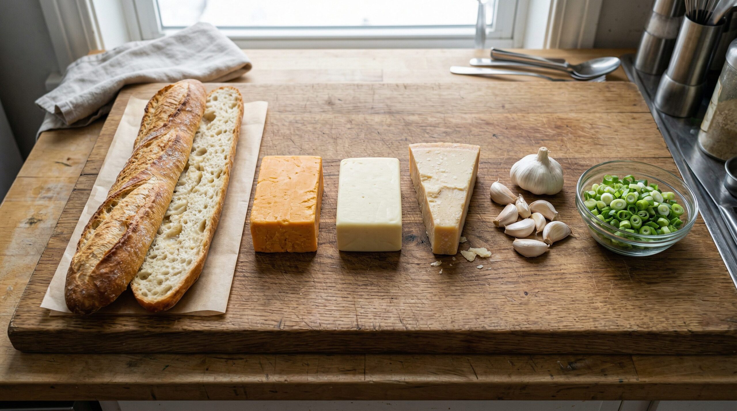 Grated cheddar, Monterey Jack, and Parmesan mixed into a spread beside garlic butter and French bread