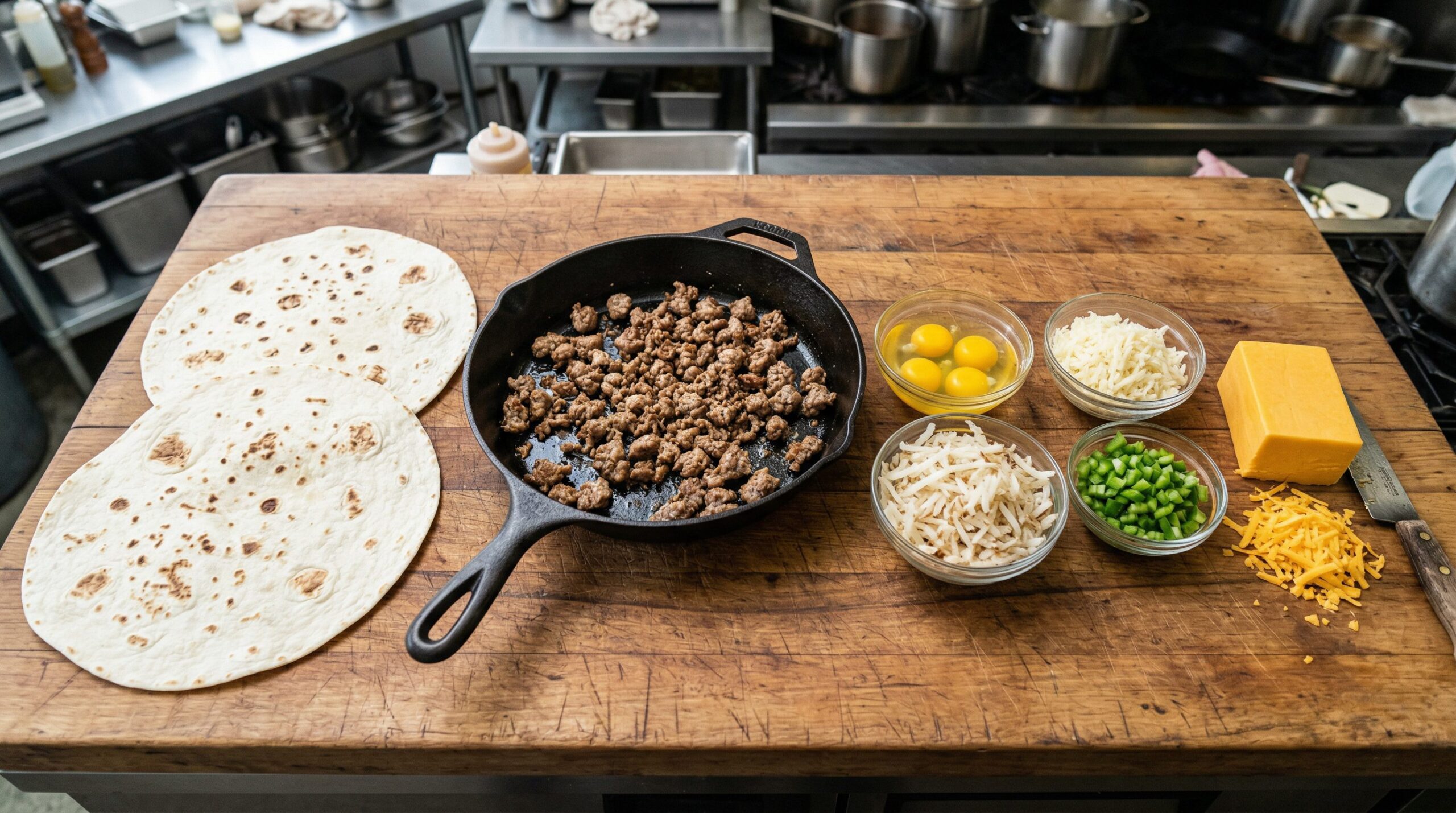 Hash browns, browned sausage, soft-scrambled eggs, peppers, onions, and cheddar laid out on flour tortillas