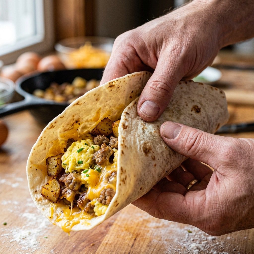 Extreme close-up action shot of hands tightly folding a flour tortilla over eggs, sausage, and cheese to form a burrito