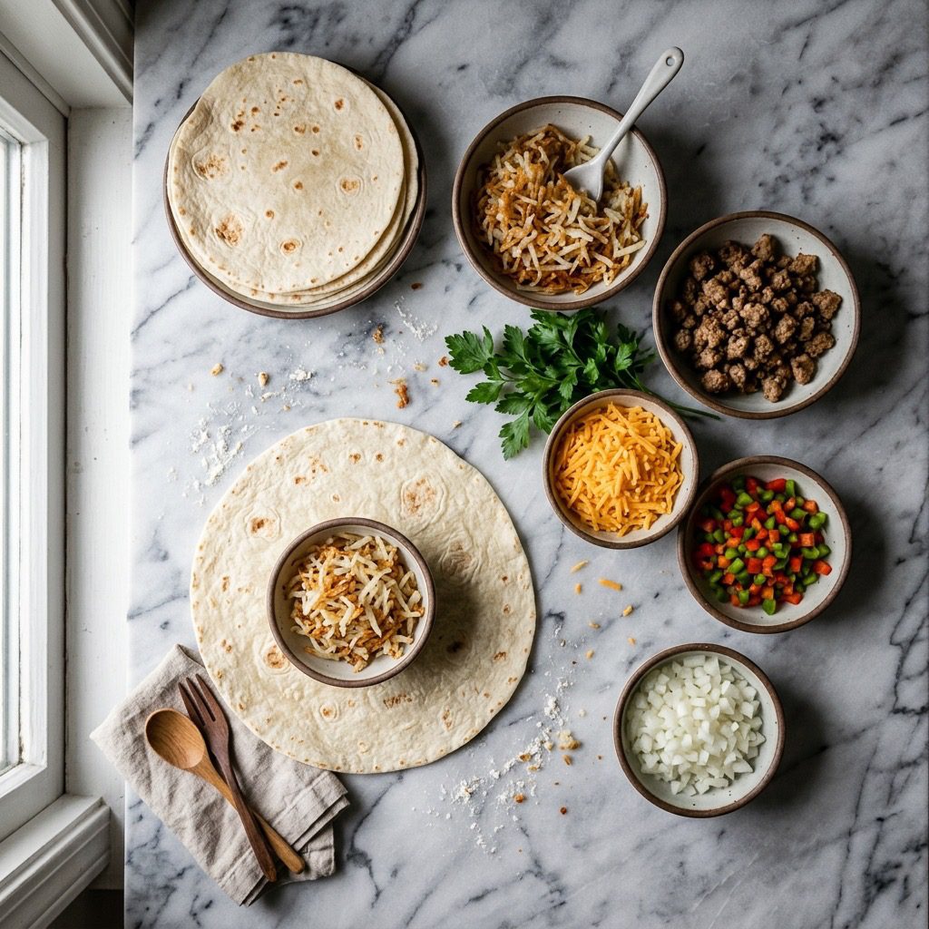 Overhead prep shot of large flour tortillas, shredded hash browns, cooked sausage, cheddar cheese, bell peppers, and onions on marble