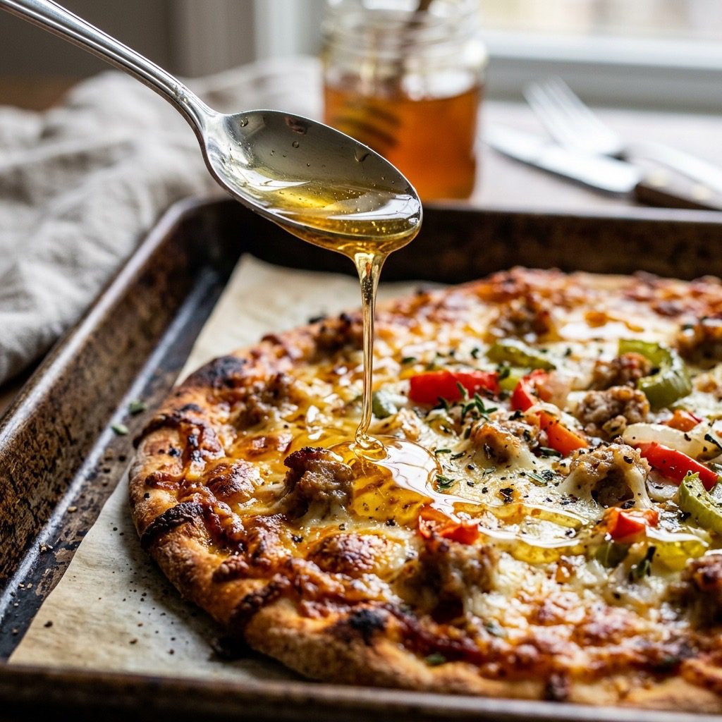 Extreme close-up action shot drizzling golden honey over a crispy, cheesy breakfast pizza topped with sausage and peppers