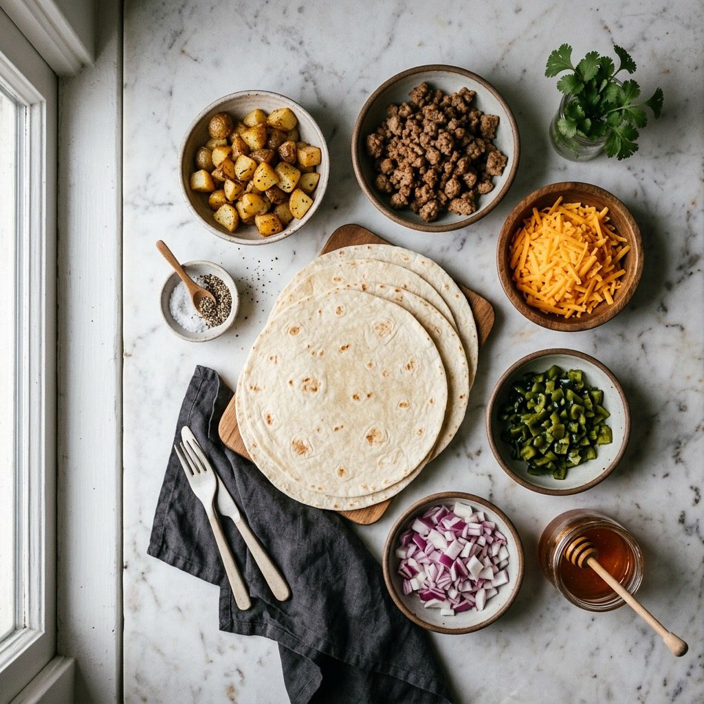 Overhead prep shot of flour tortillas, diced potatoes, sausage, grated cheddar, poblano peppers, onions, and honey on marble