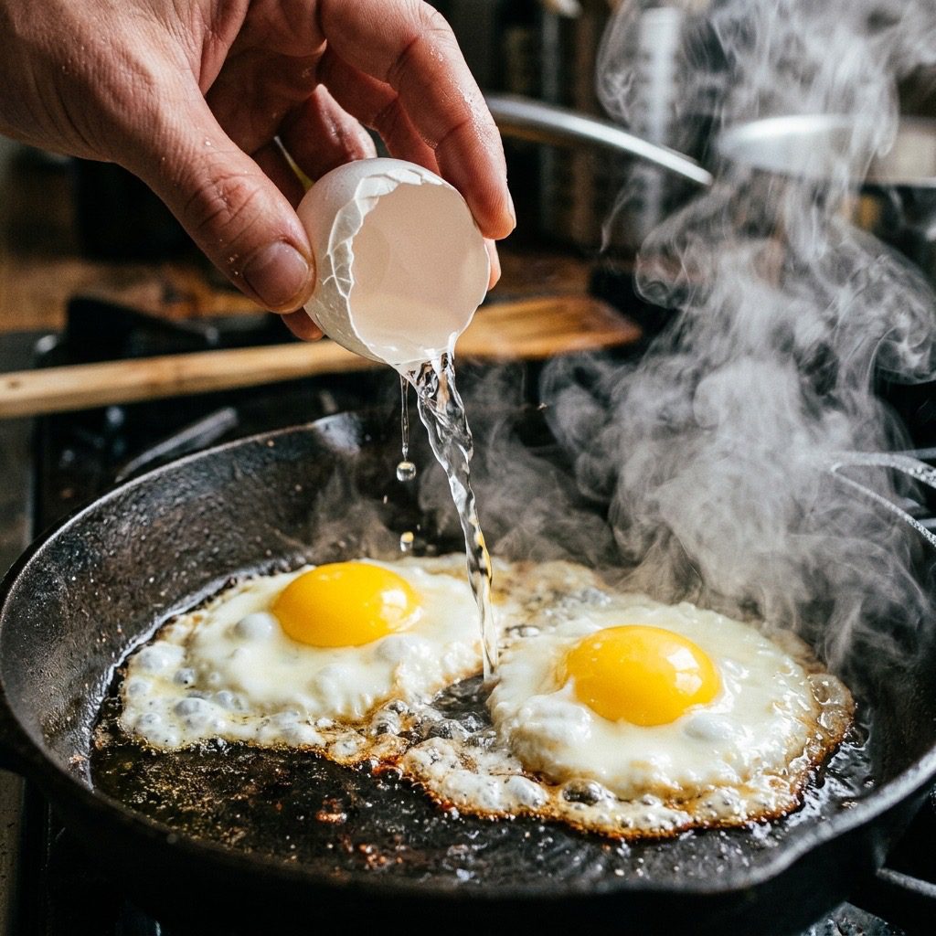 Extreme close-up action shot of water being poured from an eggshell into a hot skillet, rapidly steaming the sunny-side-up eggs