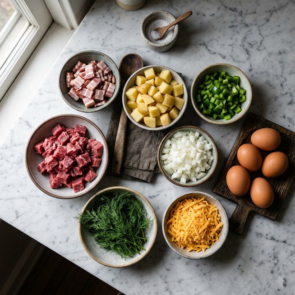 Overhead prep shot of small bowls of raw tenderloin beef, diced bacon, potatoes, green peppers, onions, cheddar cheese, dill, and whole eggs on marble
